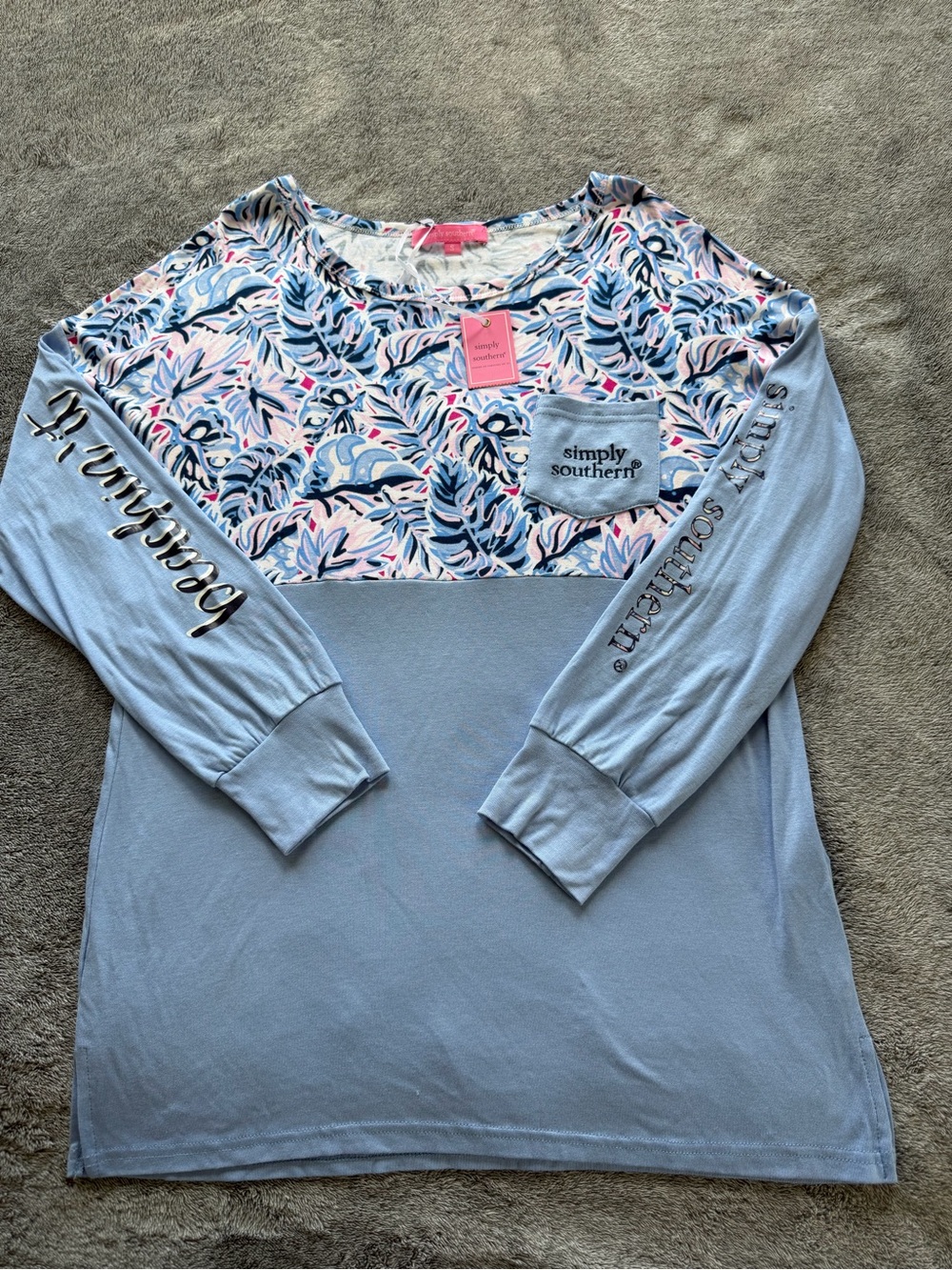 Simply Southern Light Blue Floral Panel Long Sleeve Top - Picture 2 of 7